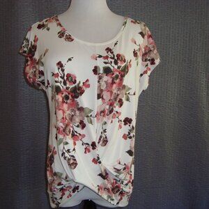 Doublju White Floral Twist Front Top Womens Short Sleeve Blouse NWOT sz M